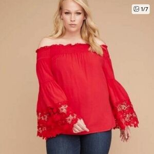 Lane Byant Red Off-Shoulder Blouse With Lace Bell Sleeves Size: 18/20